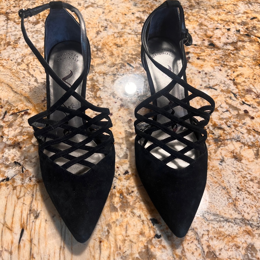 Nina Black Strappy Suede Pointed-Toe Women's Heels - Size 9